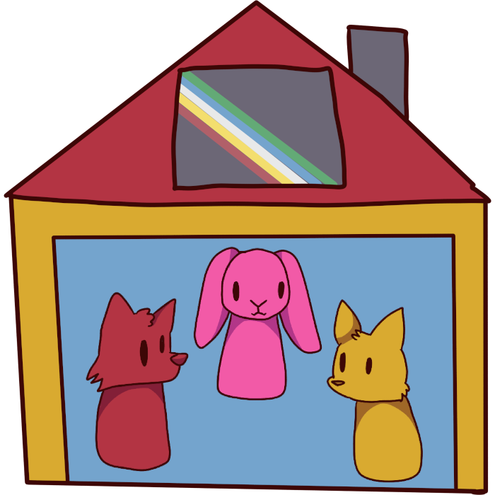 image of some animals in a yellow house with a red roof with a disability flag on it